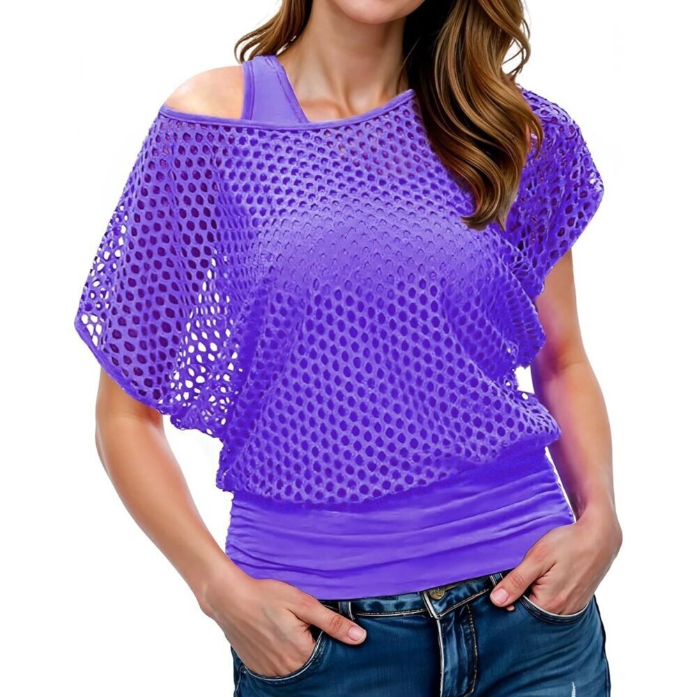 Women 2-Piece Fishnet Neon Off Shoulder Top & Tank 80s Costumes Party